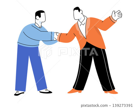 Two professional men shaking hands vector illustration. Business partnership, corporate deal, networking, collaboration, teamwork, legal agreement. Male colleagues greeting each other 139273391