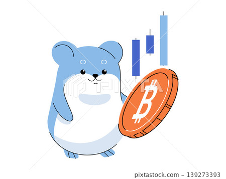 Hamster holding bitcoin with trading chart vector illustration. Crypto trading, market analysis, investment, digital currency, meme coin, blockchain. Rodent mascot with btc token and graph bars 139273393