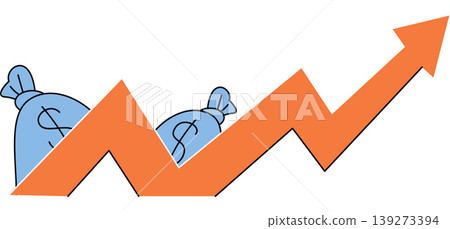 Orange upward arrow and blue money bags vector illustration. Financial growth, profit increase, market success, investment gains, economic recovery, wealth accumulation. Rising graph with cash sacks Orange upward arrow and blue money bags vector illustration. Financial growth, profit increase, market success, investment gains, economic recovery, wealth accumulation. Rising graph with cash sacks 139273394