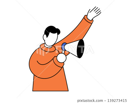 Man holding a megaphone and waving his hand vector illustration. Marketing, public speaking, news alert, protest, community, leadership. Male character with loudspeaker gesturing 139273415