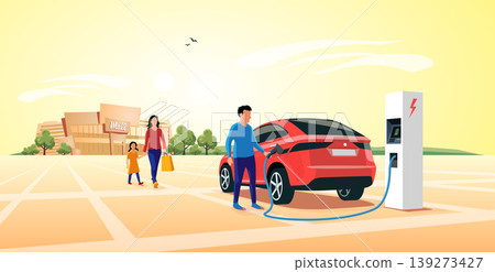 Charging Electric Car Suv while Family Shopping at Mall Charging Electric Car Suv while Family Shopping at Mall 139273427