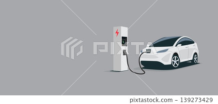 Isolated Modern Plug Battery Electric Car Charging Parking at the Charger Station 139273429