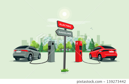 Comparing Electric Car Versus Gasoline Car with Directional Sign Arrows Comparing Electric Car Versus Gasoline Car with Directional Sign Arrows 139273442