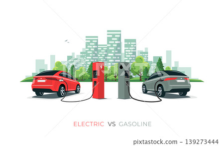 Comparing Electric Car Versus Gasoline Car with City Skyline Isolated on White Background 139273444