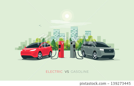 Electric Car Versus Gasoline Car Fuel Fight Electric Car Versus Gasoline Car Fuel Fight 139273445