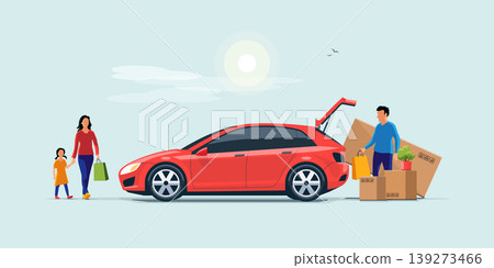 Family Shopping and Loading the Car Trunk with Purchase 139273466