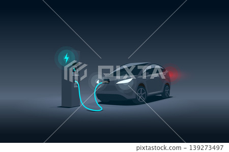 Modern Electric Car Suv Charging Parking at the Charger Station at Night Modern Electric Car Suv Charging Parking at the Charger Station at Night 139273497