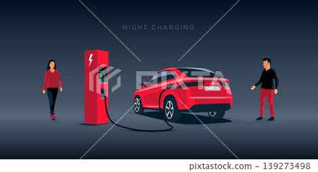 Electric Car Suv Night Off-Peak Charging at the Charger Station 139273498