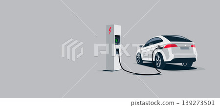 White Electric Car Suv Charging at the Charger Station White Electric Car Suv Charging at the Charger Station 139273501