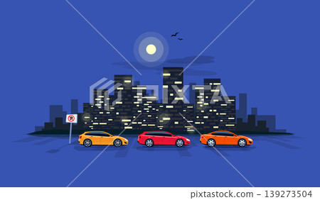 Parking Cars on the Road Street with Night City Skyline Background Parking Cars on the Road Street with Night City Skyline Background 139273504