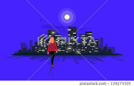 Night Walk with Woman and Night City Urban Lanscape Skyline Moonlight Night Walk with Woman and Night City Urban Lanscape Skyline Moonlight 139273505