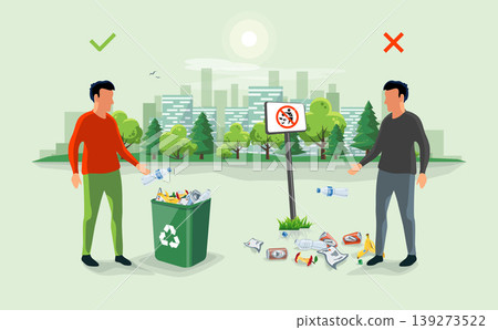 Correct and Wrong Littering Garbage around the Trash Bin with Person Throwing Away Waste Correct and Wrong Littering Garbage around the Trash Bin with Person Throwing Away Waste 139273522