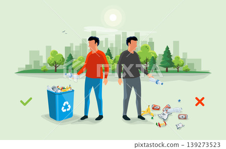 Correct and Wrong Littering Garbage around the Trash Bin with Person Throwing Away Waste Correct and Wrong Littering Garbage around the Trash Bin with Person Throwing Away Waste 139273523