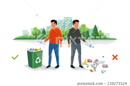 Correct and Wrong Littering Garbage around the Trash Bin with Persons Throwing Away Waste Correct and Wrong Littering Garbage around the Trash Bin with Persons Throwing Away Waste 139273524