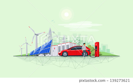 Renewable Energy Battery Storage Power Grid System with Electric Car Charging and City Skyline Renewable Energy Battery Storage Power Grid System with Electric Car Charging and City Skyline 139273621