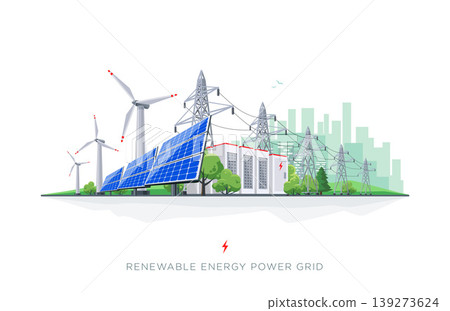 Renewable Solar and Wind Energy Battery Storage Smart Grid System with Power Lines Renewable Solar and Wind Energy Battery Storage Smart Grid System with Power Lines 139273624