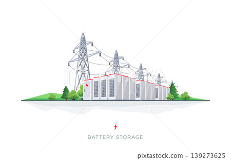 Energy Electricity Battery Storage Grid System with Power Lines Energy Electricity Battery Storage Grid System with Power Lines 139273625