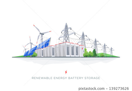 Renewable Solar and Wind Energy Electricity Battery Storage Grid System with Power Lines 139273626