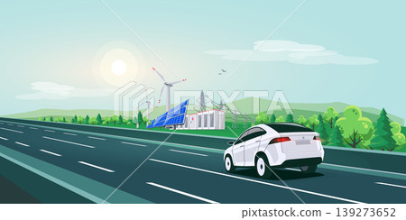 Electric Car Driving on Highway Road with Renewable Energy Battery Storage Grid Landscape Electric Car Driving on Highway Road with Renewable Energy Battery Storage Grid Landscape 139273652