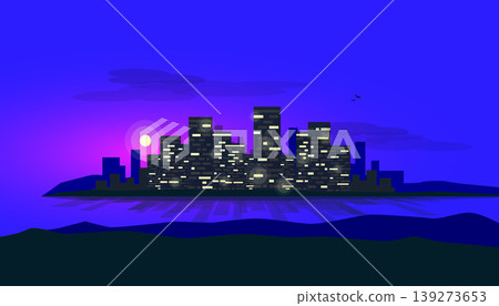 Glowing Night City Island on Bay Skyline with Moon in the Background Glowing Night City Island on Bay Skyline with Moon in the Background 139273653