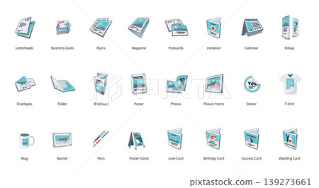Set of printout promotion advertising materials brochure, card, flyer, magazine, poster, banner. Set of printout promotion advertising materials brochure, card, flyer, magazine, poster, banner. 139273661