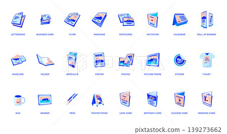 Set of printout promotion advertising materials brochure, card, flyer, magazine, poster, banner. Set of printout promotion advertising materials brochure, card, flyer, magazine, poster, banner. 139273662