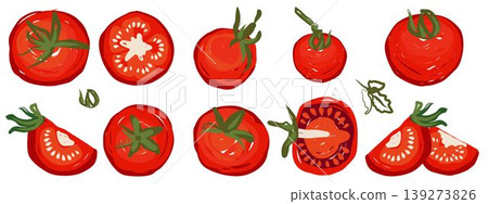 en this set of isolated images contains realistic tomato halves and whole vegetables ready for use. these graphics are perfect for digital recipes stickers and healthy lifestyle content. en this set of isolated images contains realistic tomato halves and whole vegetables ready for use. these graphics are perfect for digital recipes stickers and healthy lifestyle content. 139273826