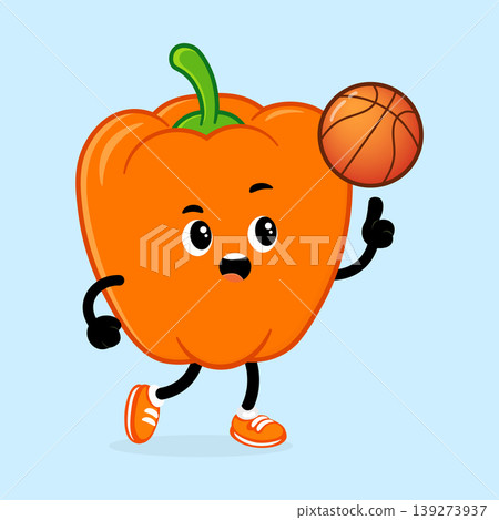 Orange bell pepper character spinning basketball on finger Orange bell pepper character spinning basketball on finger 139273937
