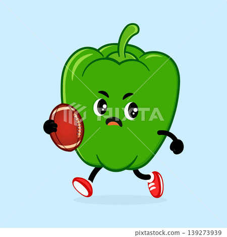 Green bell pepper cartoon character running with football Green bell pepper cartoon character running with football 139273939