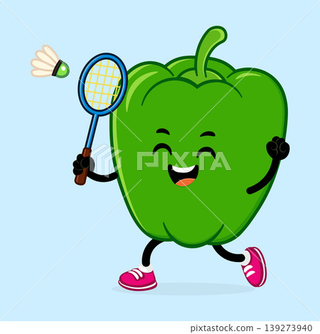 Green bell pepper cartoon playing badminton promoting healthy lifestyle Green bell pepper cartoon playing badminton promoting healthy lifestyle 139273940