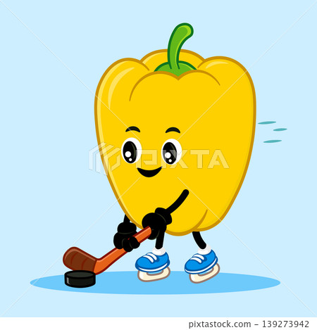 Yellow bell pepper cartoon playing ice hockey Yellow bell pepper cartoon playing ice hockey 139273942