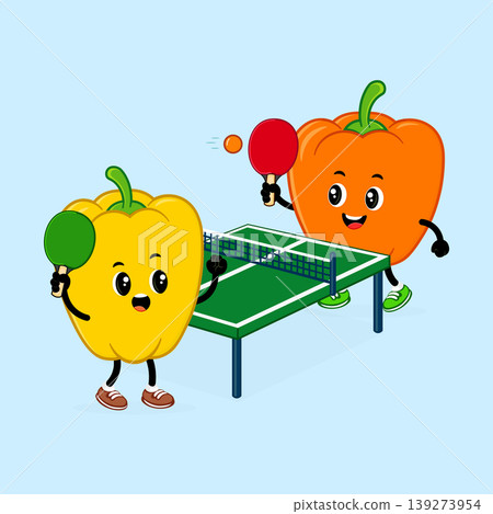 Bell peppers playing table tennis competitive game Bell peppers playing table tennis competitive game 139273954
