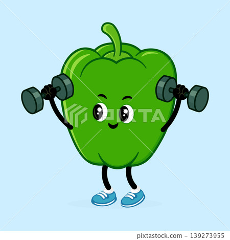 Green bell pepper character lifting dumbbells exercising Green bell pepper character lifting dumbbells exercising 139273955