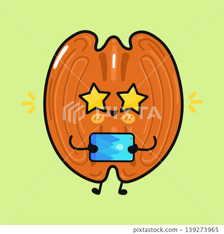 Pecan nut mascot holding tablet with star eyes Pecan nut mascot holding tablet with star eyes 139273965