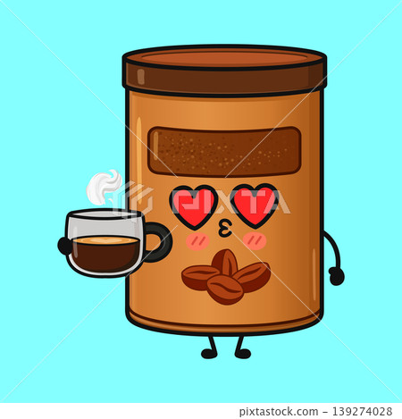 Coffee jar character feeling love for hot espresso drink Coffee jar character feeling love for hot espresso drink 139274028