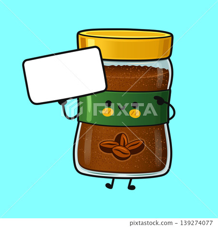 Cute instant coffee jar mascot holding blank sign Cute instant coffee jar mascot holding blank sign 139274077