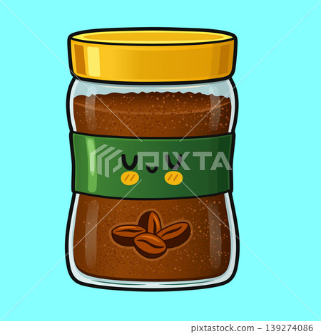 Cute instant coffee jar character smiling on blue Cute instant coffee jar character smiling on blue 139274086