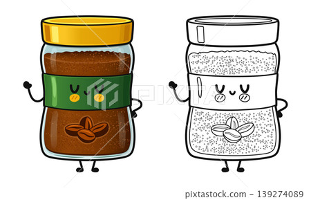 Kawaii instant coffee jar character and coloring page Kawaii instant coffee jar character and coloring page 139274089
