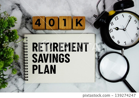 Retirement 401K text with alarm clock and magnifying glass on marble background Retirement 401K text with alarm clock and magnifying glass on marble background 139274247