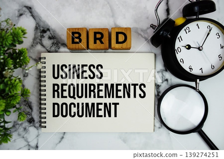 BRD Business Requirements Document text with alarm clock and magnifying glass on marble background BRD Business Requirements Document text with alarm clock and magnifying glass on marble background 139274251