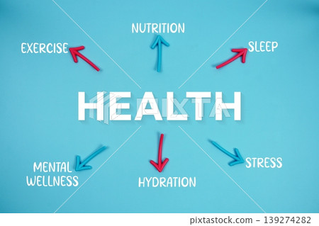 word "HEALTH" on cards with colorful arrows pointing toward it on blue background word "HEALTH" on cards with colorful arrows pointing toward it on blue background 139274282
