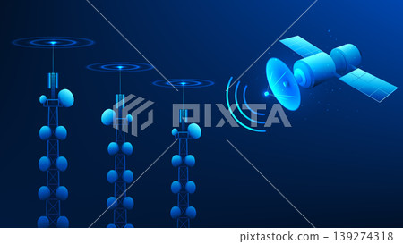 Technology background communication tower receiving signals from satellites in space and distributing them across wide areas, representing signal transmission, wireless communication,telecommunication Technology background communication tower receiving signals from satellites in space and distributing them across wide areas, representing signal transmission, wireless communication,telecommunication 139274318
