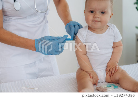 Injection time process. Female doctor is taking care of little baby girl in the clinic Injection time process. Female doctor is taking care of little baby girl in the clinic 139274386