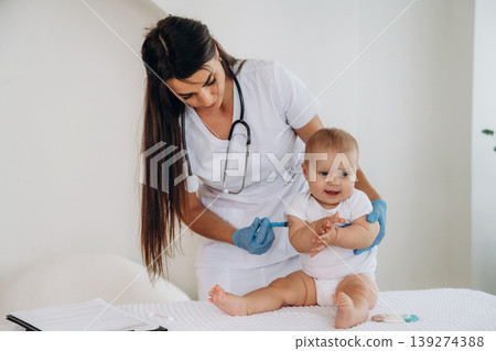 Female doctor is taking care of little baby girl in the clinic Female doctor is taking care of little baby girl in the clinic 139274388