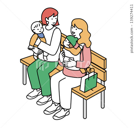 An illustration of a woman holding a baby and chatting on a bench. An illustration of a woman holding a baby and chatting on a bench. 139274411