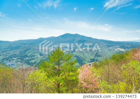 Nasushiobara City, Tochigi Prefecture: The scenery of Shiobara Onsen and Takahara Mountain with fresh greenery and cherry blossoms in bloom. Nasushiobara City, Tochigi Prefecture: The scenery of Shiobara Onsen and Takahara Mountain with fresh greenery and cherry blossoms in bloom. 139274473