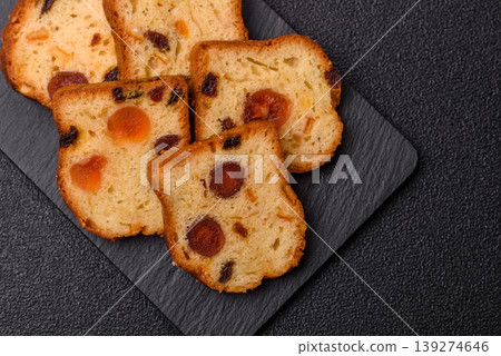 Fruit cake, a dessert with cherries, plums, and raisins for a festive Christmas table. Fruit cake Fruit cake, a dessert with cherries, plums, and raisins for a festive Christmas table. Fruit cake 139274646