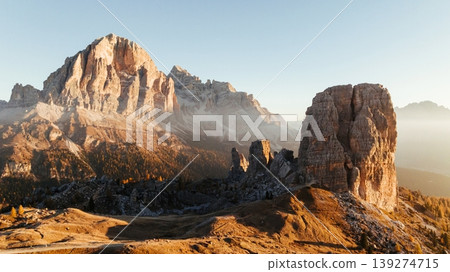Beautiful sunlight. Five towers Cinque Torri mountains majestic landscape of nature in Italy Beautiful sunlight. Five towers Cinque Torri mountains majestic landscape of nature in Italy 139274715