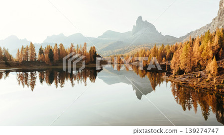 Crystal clear water. Lake Federa near the Croda da Lago mountain at autumn time, majestic landscape, raw nature 139274747