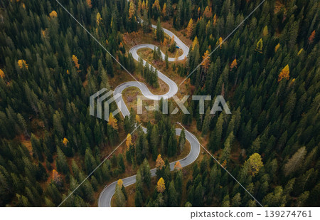 Giau Pass snake road in Italy, aerial top view of beautiful nature with bunch of green and yellow trees Giau Pass snake road in Italy, aerial top view of beautiful nature with bunch of green and yellow trees 139274761